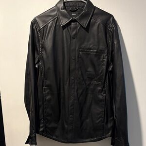 DKNY Black Faux Leather Snap Closure Shirt Jacket